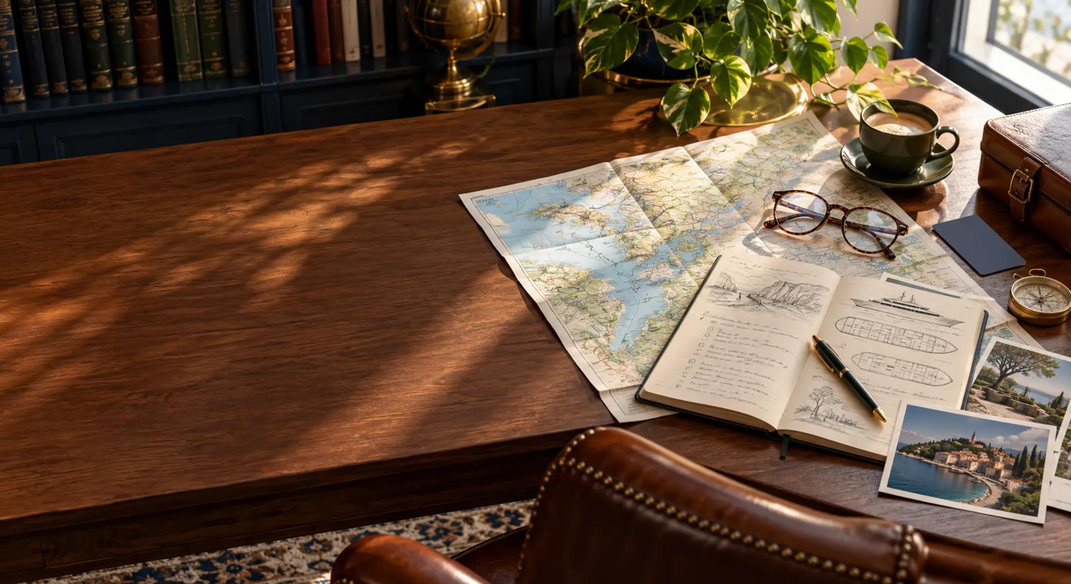 Maps and journey notes on a travel planning table