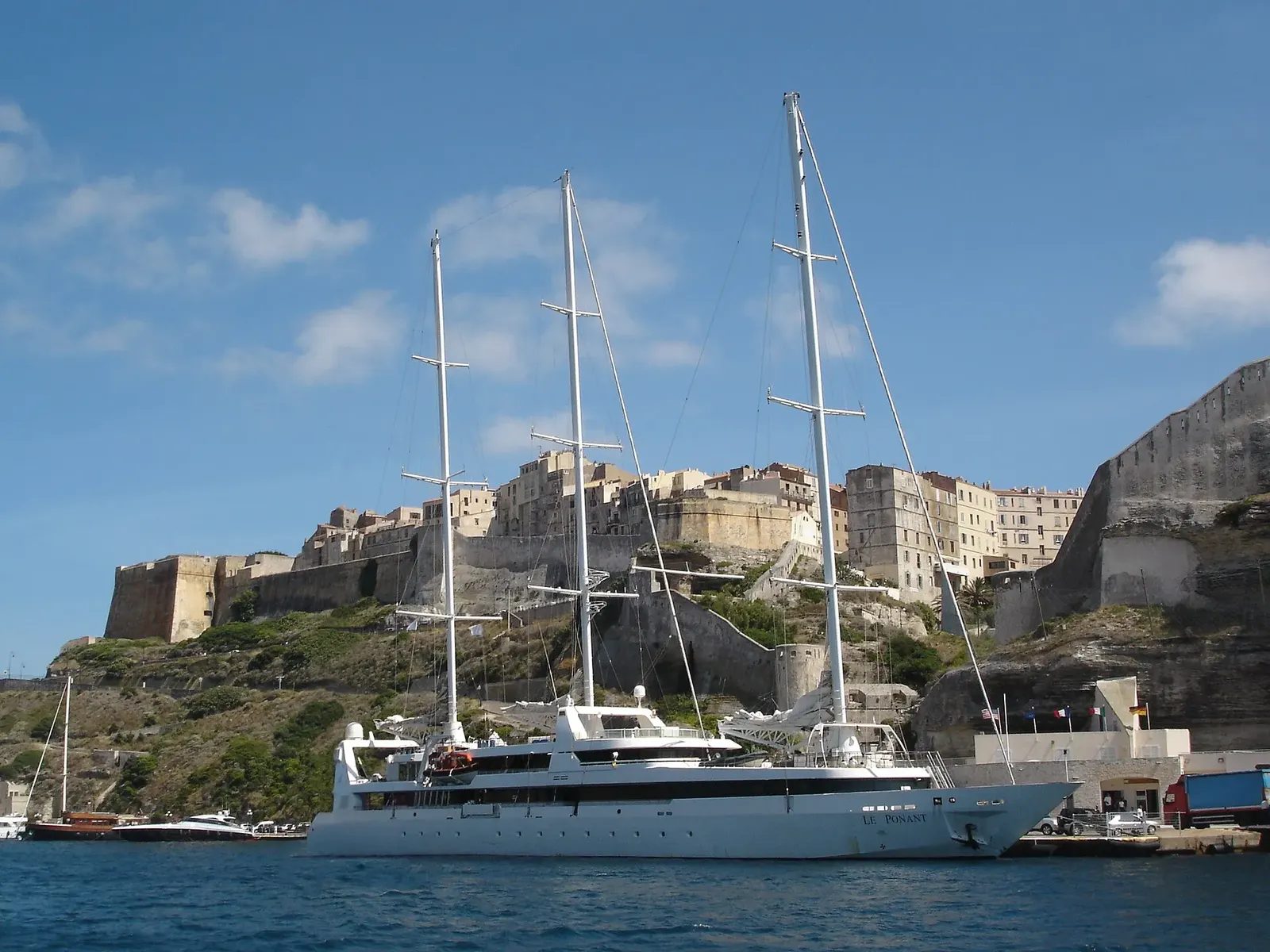Le Ponant moored below the old town of Bonifacio, Corsica