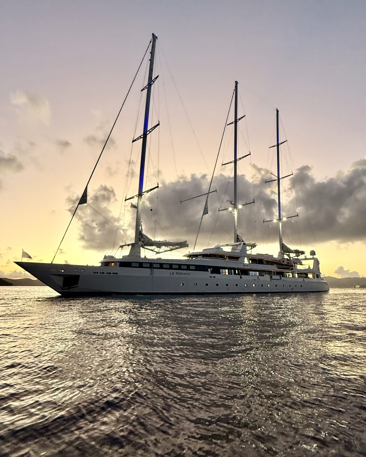 Le Ponant at anchor at dusk