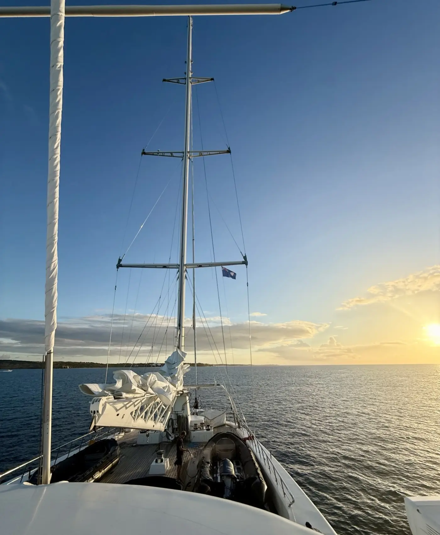 View forward from Le Ponant at sunset