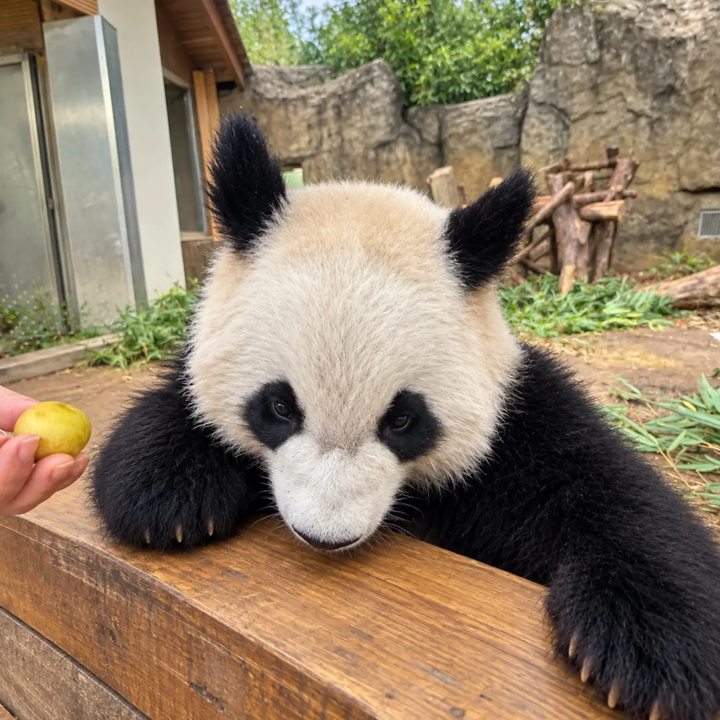 Panda reaching for fruit